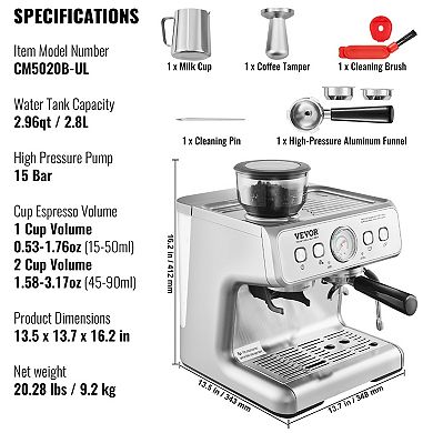 VEVOR Espresso Machine with Grinder, 15 Bar Semi-Automatic Espresso Coffee Maker
