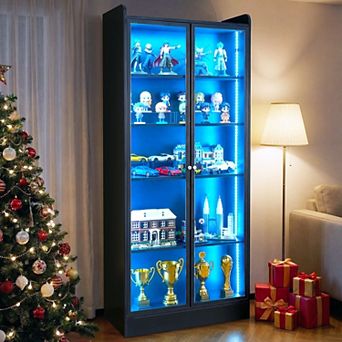 VEVOR Display Cabinet with Doors, 67 in Tall Lighted Display Case with 2 Adjustable Shelves