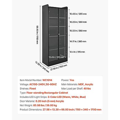VEVOR Display Cabinet with Doors, 67 in Tall Lighted Display Case with 2 Adjustable Shelves