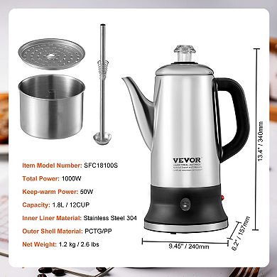 VEVOR 12-Cup Electric Percolator Coffee Pot, 304 Stainless Steel Body Coffee Percolator