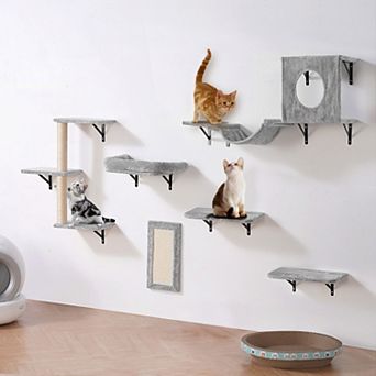 VEVOR Wall Mounted Cat Shelves, Cat Wall Shelves and Perches with Jumping Boards, Hammock,Set of 6
