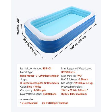 VEVOR Inflatable Pool, 118 x 67 x 20 inch Large Inflatable Swimming Pool,