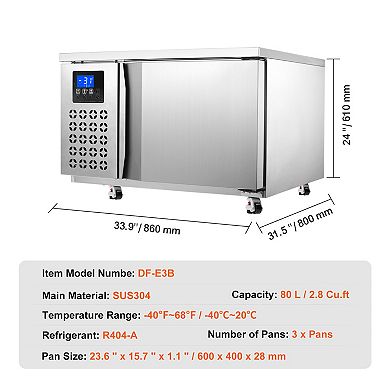 VEVOR Commercial Blast Freezer, 80 L / 2.8 Cu.ft Blast Chiller with 3 Trays, with 4 Freezing Modes