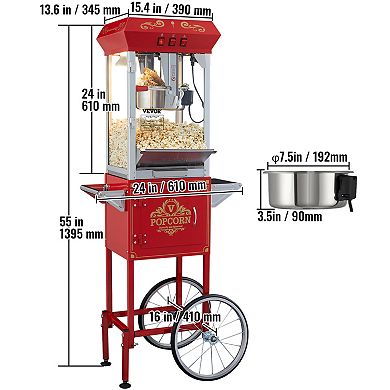 VEVOR Popcorn Maker with Cart, 850W Popcorn Popper Machine, 8 Oz Kettle Makes 48 Cups per Batch