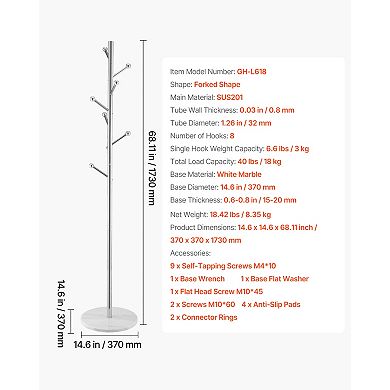 VEVOR Coat Rack, Freestanding Coats Rack Stand with Stable Marble Base & 8 Hooks
