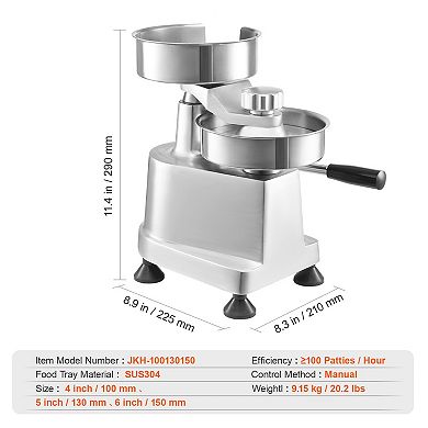 VEVOR Commercial Burger Patty Maker, Hamburger Beef Patty Maker with 3 Convertible Mold(4/5/6-inch)