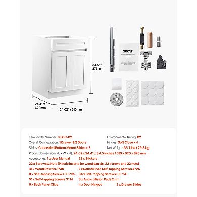 VEVOR White Shaker Base Cabinet with Drawer, 24-Inch Unassembled Drawer Base Cabinet