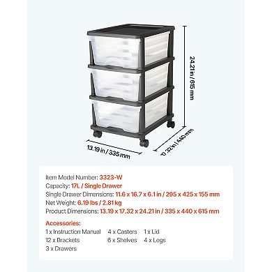 VEVOR Plastic Storage Drawers Cart, 3 Drawers Storage Organizer with Wheels