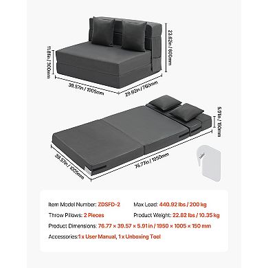 VEVOR Folding Sofa Bed, 3-in-1 Foldable Couch Bed with 2 Pillows and Washable Cover