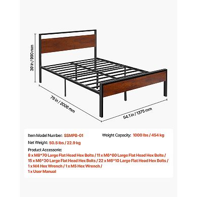 VEVOR Full Size Bed Frame, 14 Inch with Retro Brown Wooden Headboard and Footboard