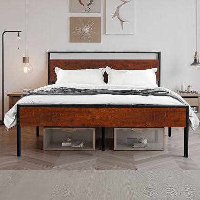 VEVOR Full Size Bed Frame, 14 Inch with Retro Brown Wooden Headboard and Footboard