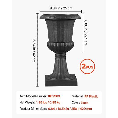 VEVOR Plastic Urn Planters, 9.8 x 16.5 Inch, 2 Pack Black Classic Flower Pots Front Porch Planters