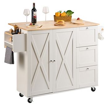 VEVOR Kitchen Island Cart with Solid Wood Top, 45.3" Width Mobile Carts with Storage Cabinet