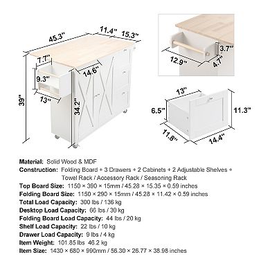 VEVOR Kitchen Island Cart with Solid Wood Top, 45.3" Width Mobile Carts with Storage Cabinet