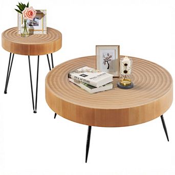 VEVOR 2 pc Round Coffee Tables Sets, 31.3 in Industrial Living Room Table with 1 End Side Table