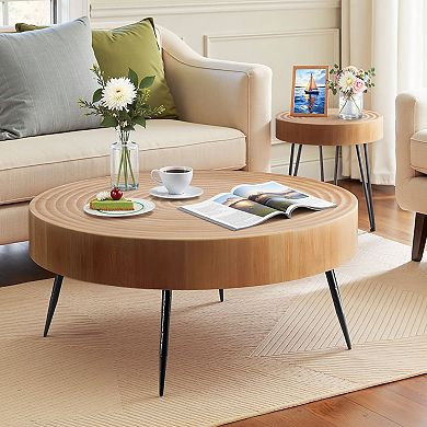 VEVOR 2 Pieces Round Coffee Tables Sets, 31.3 in Industrial Living Room Table with 1 End Side Table