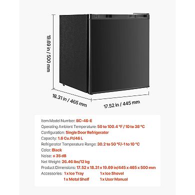 VEVOR Mini Fridge, 1.6 Cu.Ft, Adjustable Temperature, Metal Shelf,Reversible Door, Low Noise