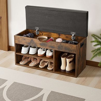 VEVOR Entryway Shoe Bench with Lift Top Storage, Cushion Seat & 3 Cabinets, Brown Black