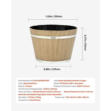VEVOR Plant Pots, 4 Pack 11.81 inch Whiskey Barrel Planters with Drainage Holes