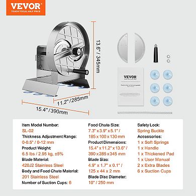 VEVOR Manual Vegetable Fruit Slicer, 0-0.5"/0-12mm Thickness Adjustable Commercial Slicer Machine