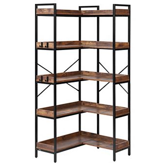 VEVOR 5 tier Corner Bookshelf with 4 Hooks, 65.4" Tall Corner Bookcase