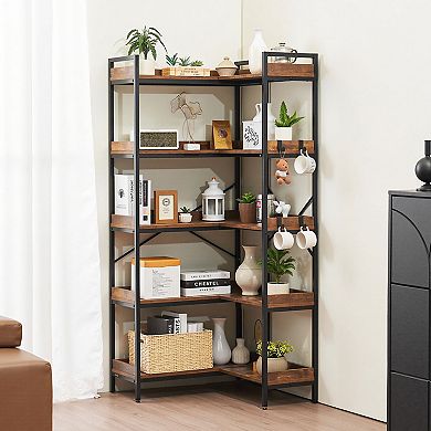 VEVOR 5 Tier Corner Bookshelf with 4 Hooks, 65.4" Tall Corner Bookcase