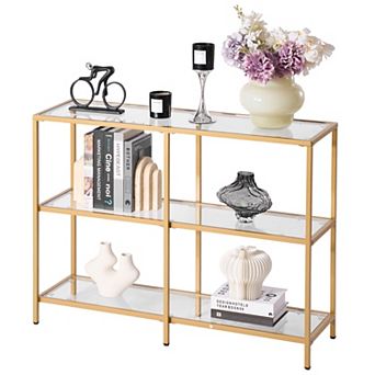 VEVOR 3 tier Glass Console Table, Rectangle Sofa Side Table with Tempered Glass Top and Iron Legs