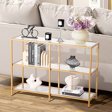 VEVOR 3-Tier Glass Console Table, Rectangle Sofa Side Table with Tempered Glass Top and Iron Legs