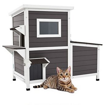 VEVOR Outdoor Cat House, 2-Story Wooden Cat Shelter for 3 Cats, Elevated Feral Kitty Shelter