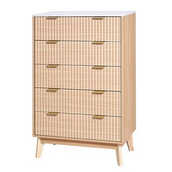 VEVOR 5 Fluted Drawer Dresser, Wooden Chest of Drawers with Sliding & Anti-tip Device, Light Wood