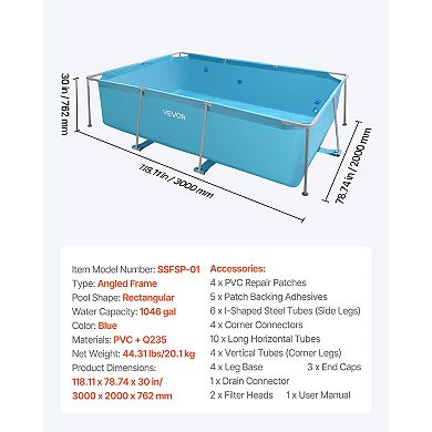 VEVOR Frame Above Ground Swimming Pool, 118 x 78 x 30 in Rectangular Steel Metal Frame
