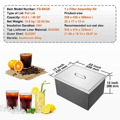 VEVOR Drop in Ice Chest,Commercial Ice Bin with Cover, 40 qt Outdoor Kitchen Ice Bar