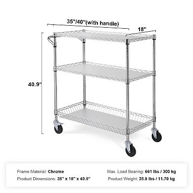 VEVOR Kitchen Utility Cart, 3 Tiers, Wire Rolling Cart with 661LBS Capacity