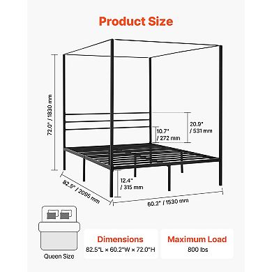VEVOR Queen Size Canopy Bed Frame, Metal Canopy Bed with Four Posters Design