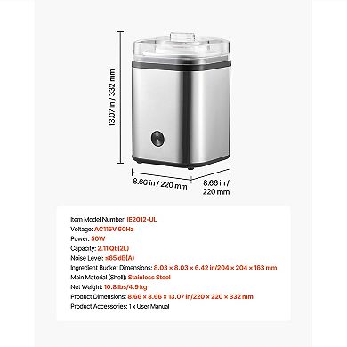 VEVOR Ice Cream Maker, 2.11 Qt. Large Capacity, Operation & Cleaning, Stainless Steel Shell, Silver