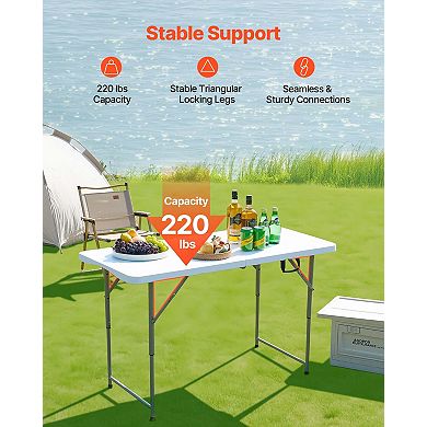 VEVOR Folding Table, 4 Ft Fold-in-Half Utility Table, Plastic Table with Adjustable Height