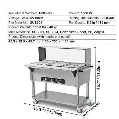VEVOR 3-Pan Commercial Food Warmer, 3 x 20.6QT Electric Steam Table