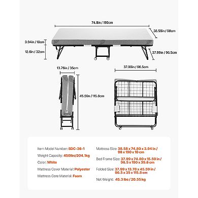 VEVOR Rollaway Bed, 38 in x 75 in Folding Bed with 4 in Mattress, Twin Size Foldable Bed
