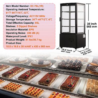 VEVOR Refrigerated Display Case, 3 Cu.Ft./85L Countertop Pastry Display , 3-Tier with LED Lighting