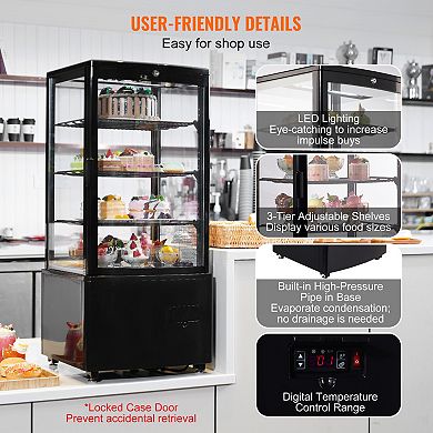 VEVOR Refrigerated Display Case, 3 Cu.Ft./85L Countertop Pastry Display , 3-Tier with LED Lighting