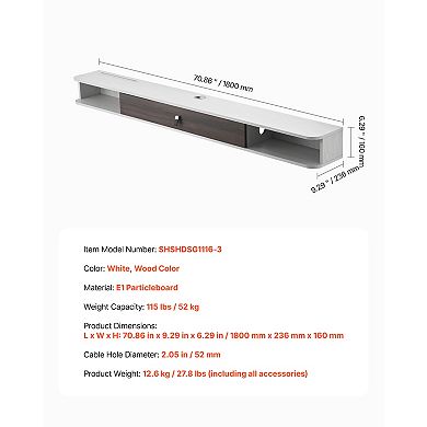 VEVOR Floating TV Stand, 70 in Wall Mount Entertainment Center with Cable Hole