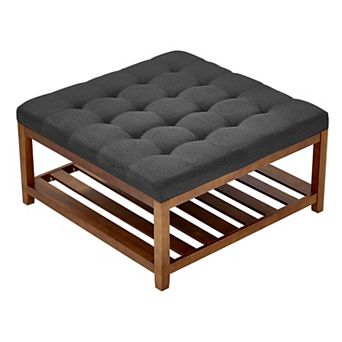 VEVOR 34.5" Square Ottoman Coffee Table with Tufted Top & Wood Shelf Storage, Dark Gray