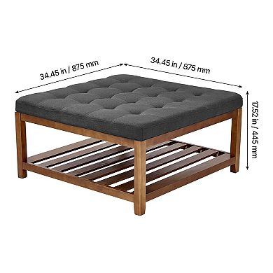 VEVOR 34.5" Square Ottoman Coffee Table with Tufted Top & Wood Shelf Storage, Dark Gray