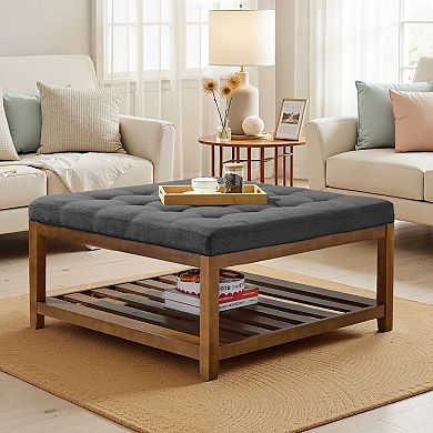 VEVOR 34.5" Square Ottoman Coffee Table with Tufted Top & Wood Shelf Storage, Dark Gray