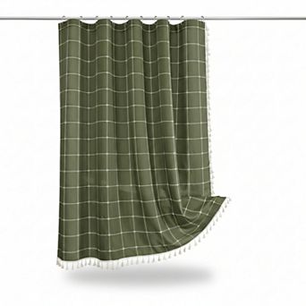 Boho Farmhouse Shower Curtain with Tassels Waffle Textured Fabric