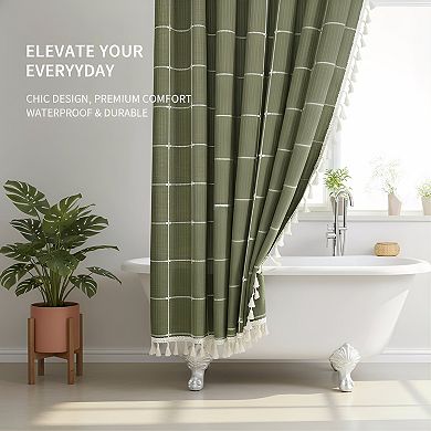Boho Farmhouse Shower Curtain with Tassels Waffle Textured Fabric