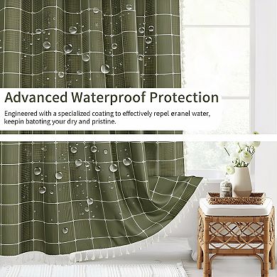 Boho Farmhouse Shower Curtain with Tassels Waffle Textured Fabric