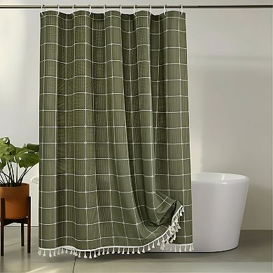 Boho Farmhouse Shower Curtain with Tassels Waffle Textured Fabric