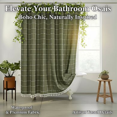 Boho Farmhouse Shower Curtain with Tassels Waffle Textured Fabric