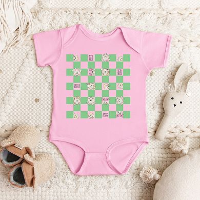 Mini Smiley Checkered Characters Green - Baby Short Sleeve Graphic Bodysuit